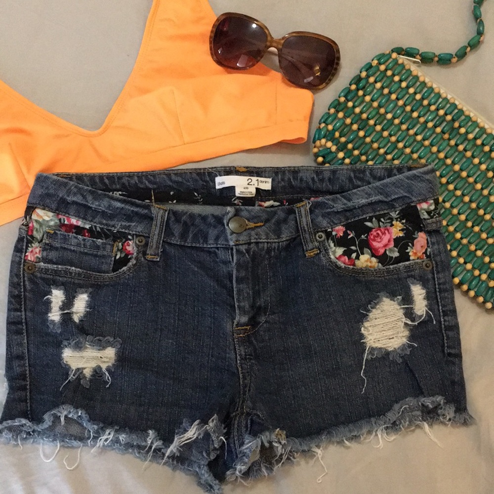 Denim Jean Shorts with Floral Fabric Trim